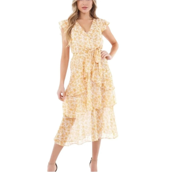 MINKPINK Dresses & Skirts - Revolve Mink Pink Gold White Floral Cottagecore Tiered Lana Dress Size Small